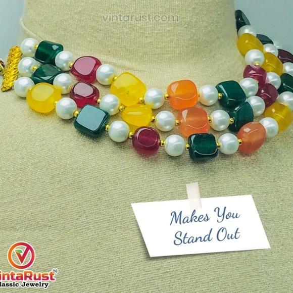 Handcrafted Colorful Stones and Pearls Choker Necklace Beaded Choker Necklace - Picture 4 of 10